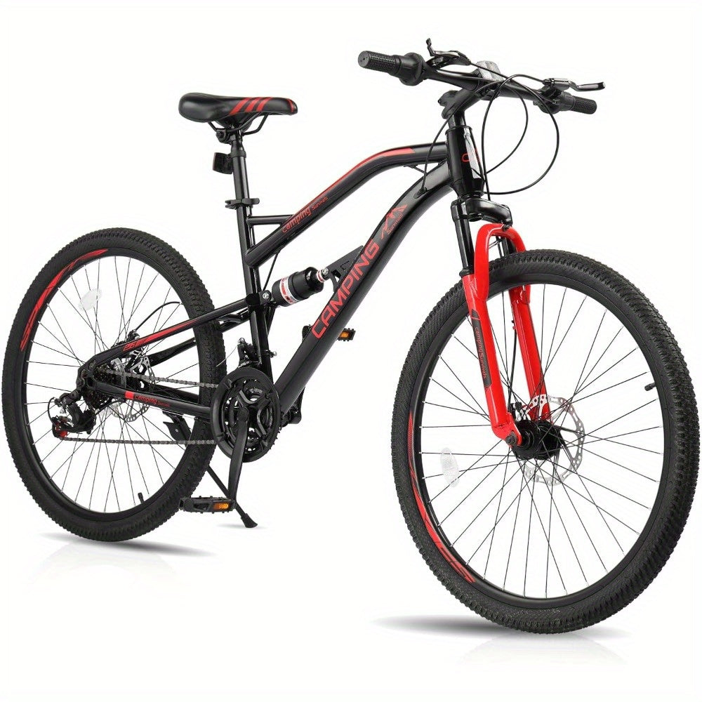 26 - Inch 21 - Speed Black & Red Mountain Bike - High - Carbon Steel Irregular Frame, Dual Suspension, Disc Brakes - A Must - Have for Off - Road Adventures