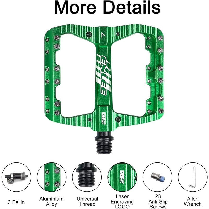 ENLEE Flat Mountain Bike Pedals - Wide Platform 110mm, 3-Sealed Bearing System, Waterproof & Anti-Skid (28 Anti-Slip Teeth) Heavy-Duty Alloy Bike Pedals for MTB, BMX, Trail\u002FRoad - Left\u002FRight Hand Compatible (Green\u002FBlack)