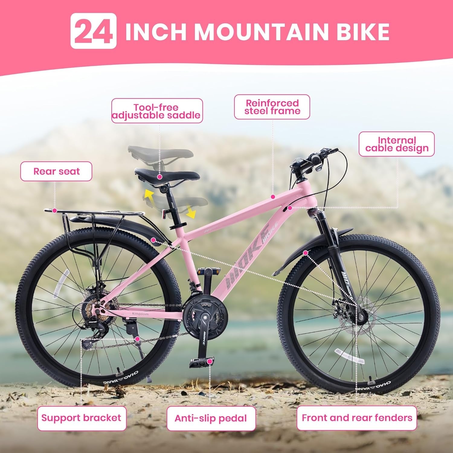 24 26 Inch Kids Bike, Kids Mountain Bike for Boys and Girls Over 6 Years with 21-Speed Drivetrain, Suspension Fork, Dual Disc Brakes, Rear Rack, Internal Cable, Kids' Bicycles with Multiple Colors